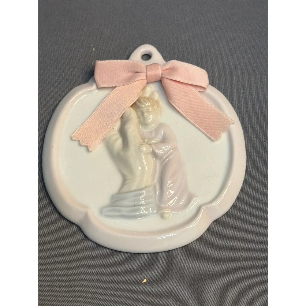 Vintage Roman Japan Porcelain Praying Child Wall Plaque Ornament Pink Bow
